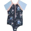Toddler Girls' Nano Short Sleeve Zip Night Flowers Rashguard Swimsuit