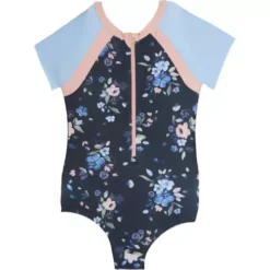 Toddler Girls' Nano Short Sleeve Zip Night Flowers Rashguard Swimsuit
